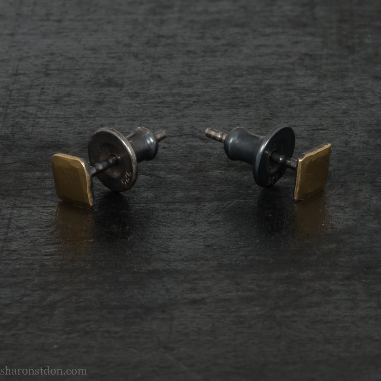 Handmade 22k gold and oxidized sterling silver stud earrings. 7mm square with hammered, matte texture finish. Handmade by Sharon Saint Don in USA.