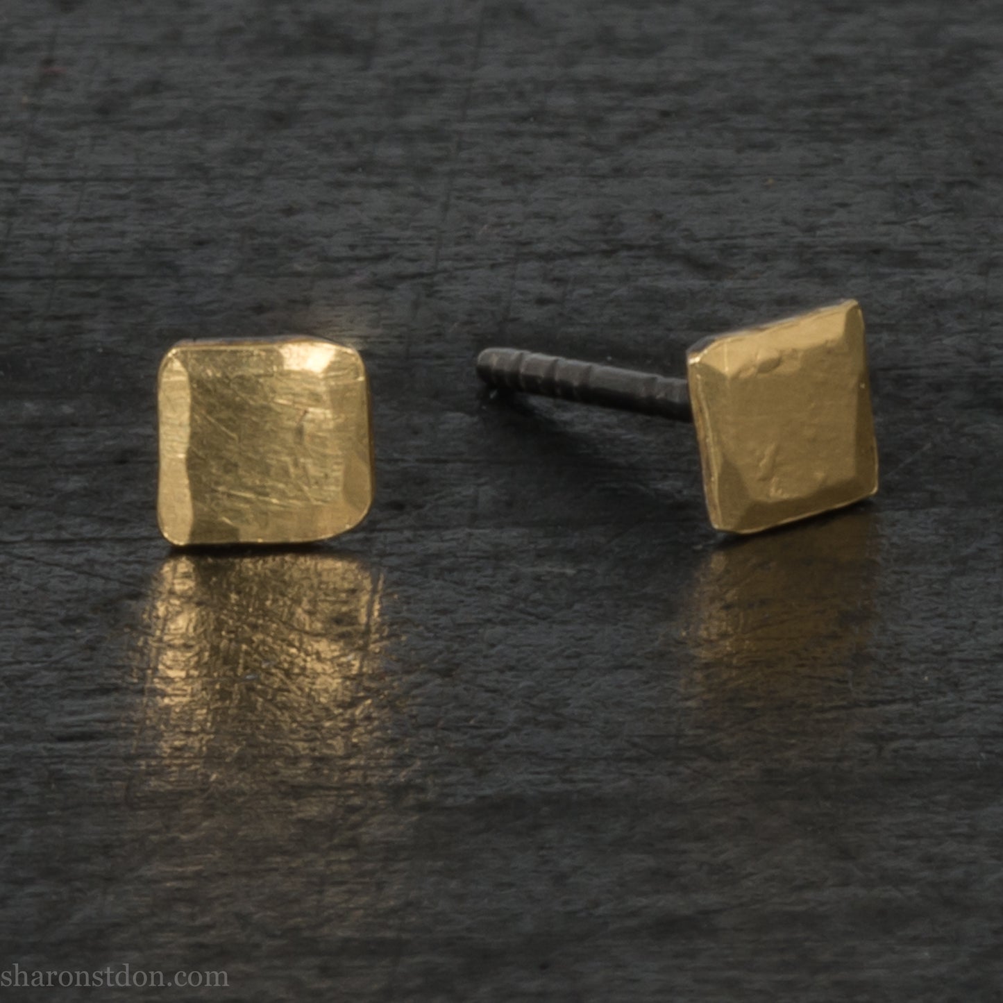 Handmade 22k gold and oxidized sterling silver stud earrings. 7mm square with hammered, matte texture finish. Handmade by Sharon Saint Don in USA.
