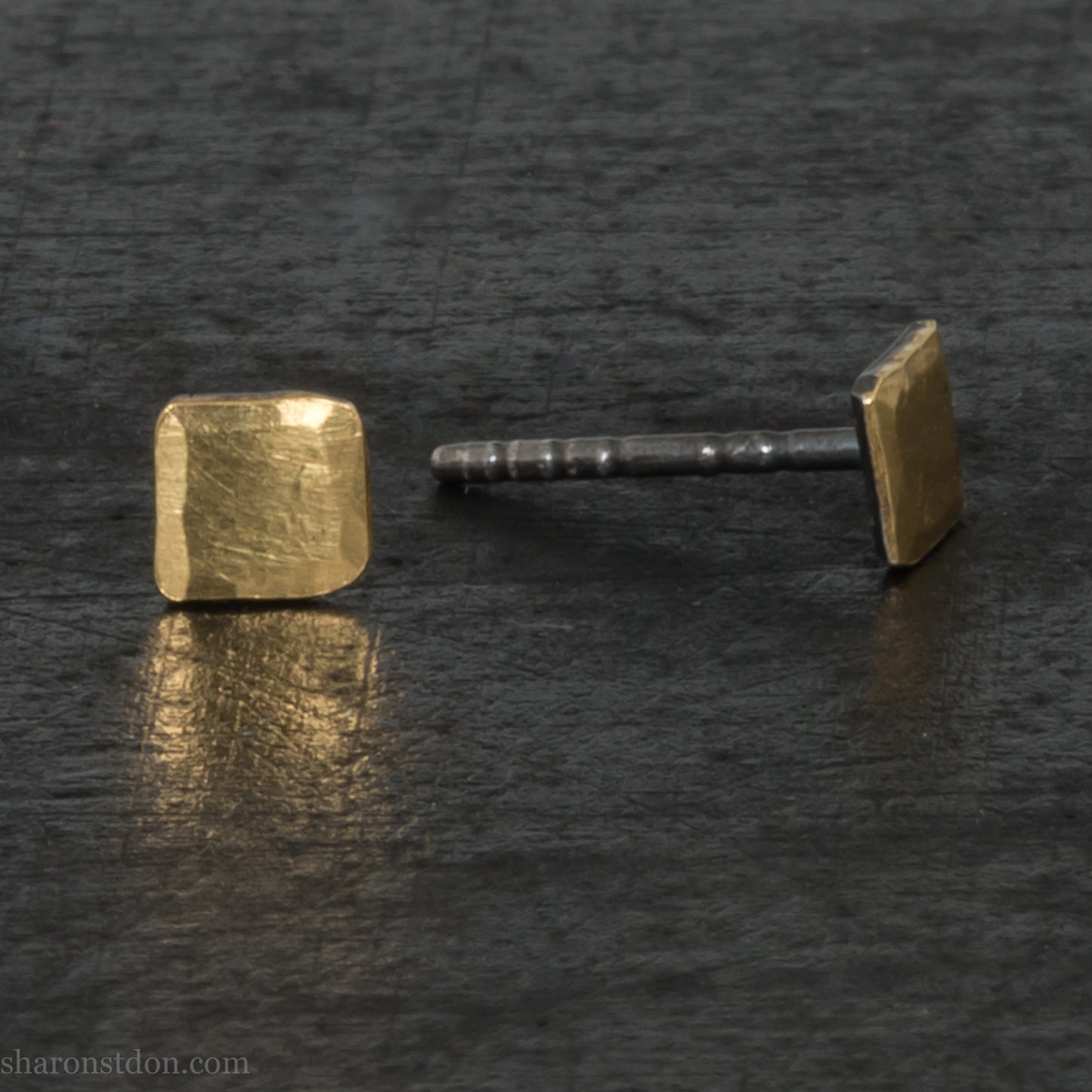Handmade 22k gold and oxidized sterling silver stud earrings. 7mm square with hammered, matte texture finish. Handmade by Sharon Saint Don in USA.