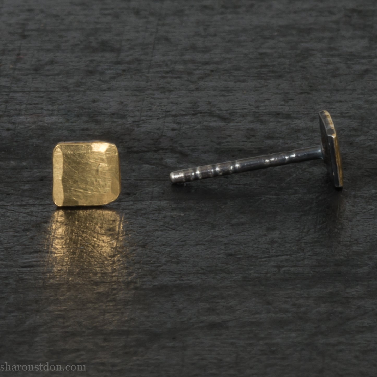 Handmade 22k gold and oxidized sterling silver stud earrings. 7mm square with hammered, matte texture finish. Handmade by Sharon Saint Don in USA.