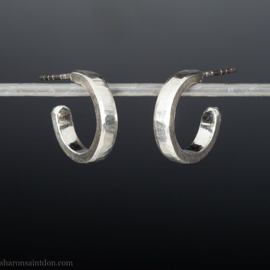 Men's 18x3mm 925 Sterling Silver Hoop Earrings, Hand Hammered, Matte Satin Finish