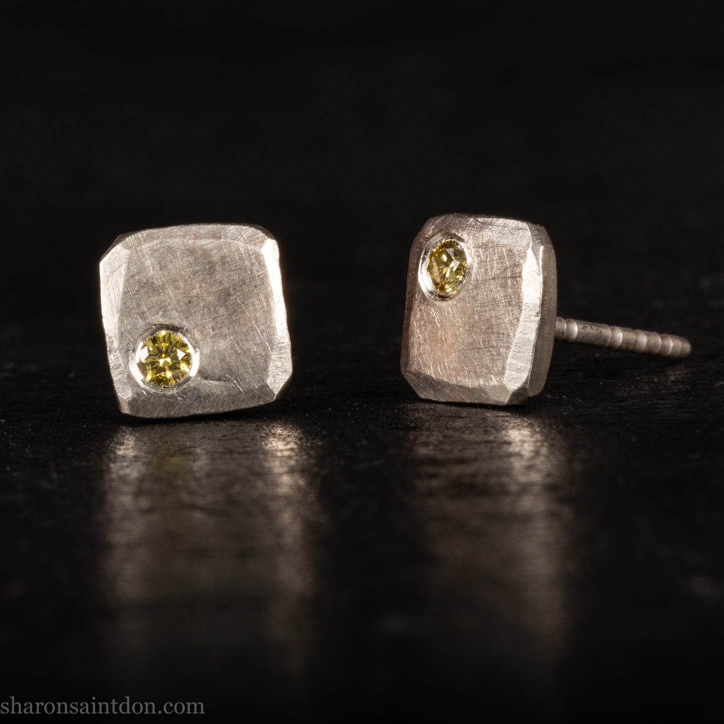 Canary yellow diamond gemstone stud earrings for men or women. Handmade 925 sterling silver square stud earrings made by Sharon Saint Don in North America.