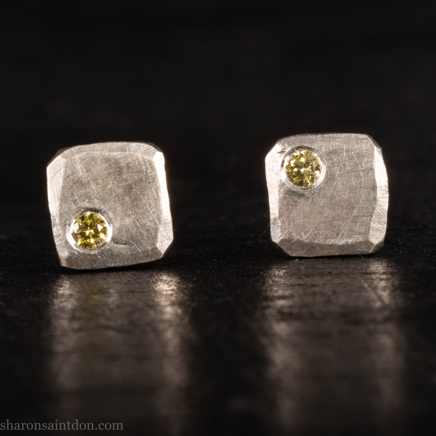 Canary yellow diamond gemstone stud earrings for men or women. Handmade 925 sterling silver square stud earrings made by Sharon Saint Don in North America.