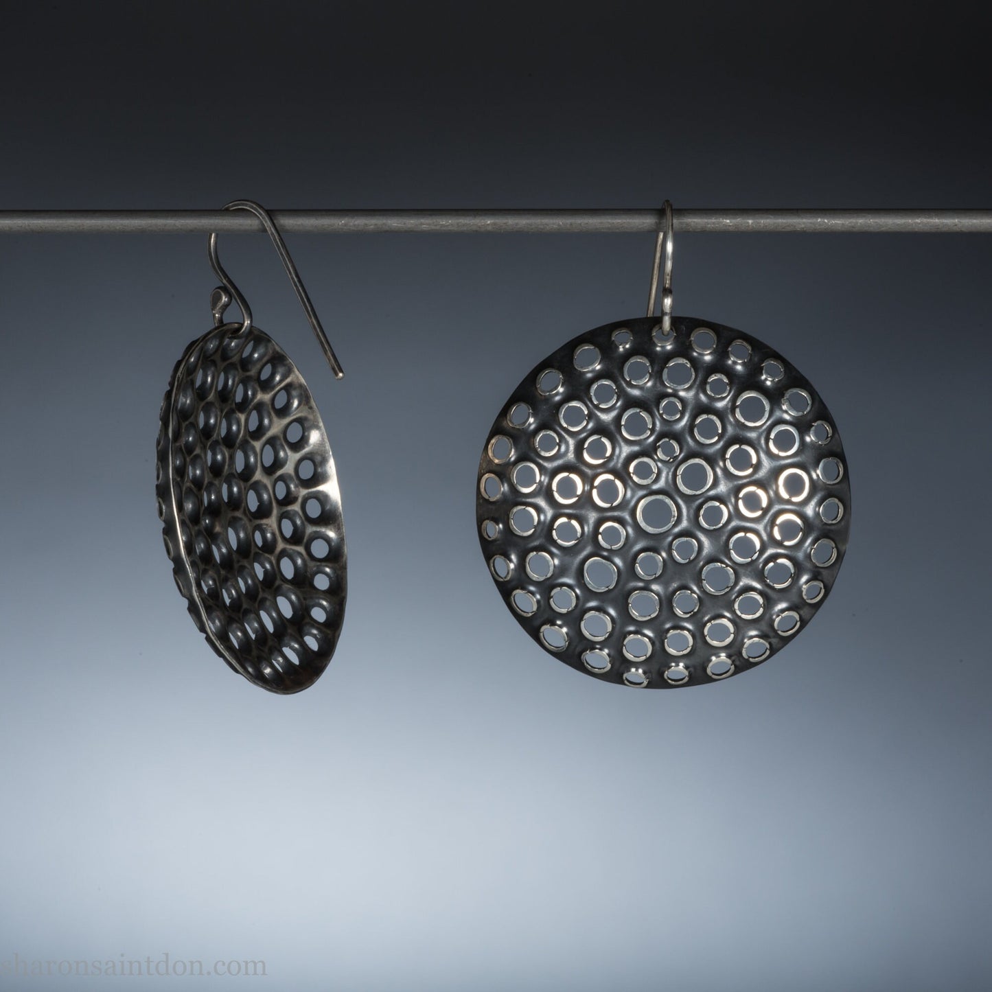 925 sterling silver handmade earrings for women. Comfortable, light, round disc, dangle earrings w/ mesh dots and ear wire hooks.