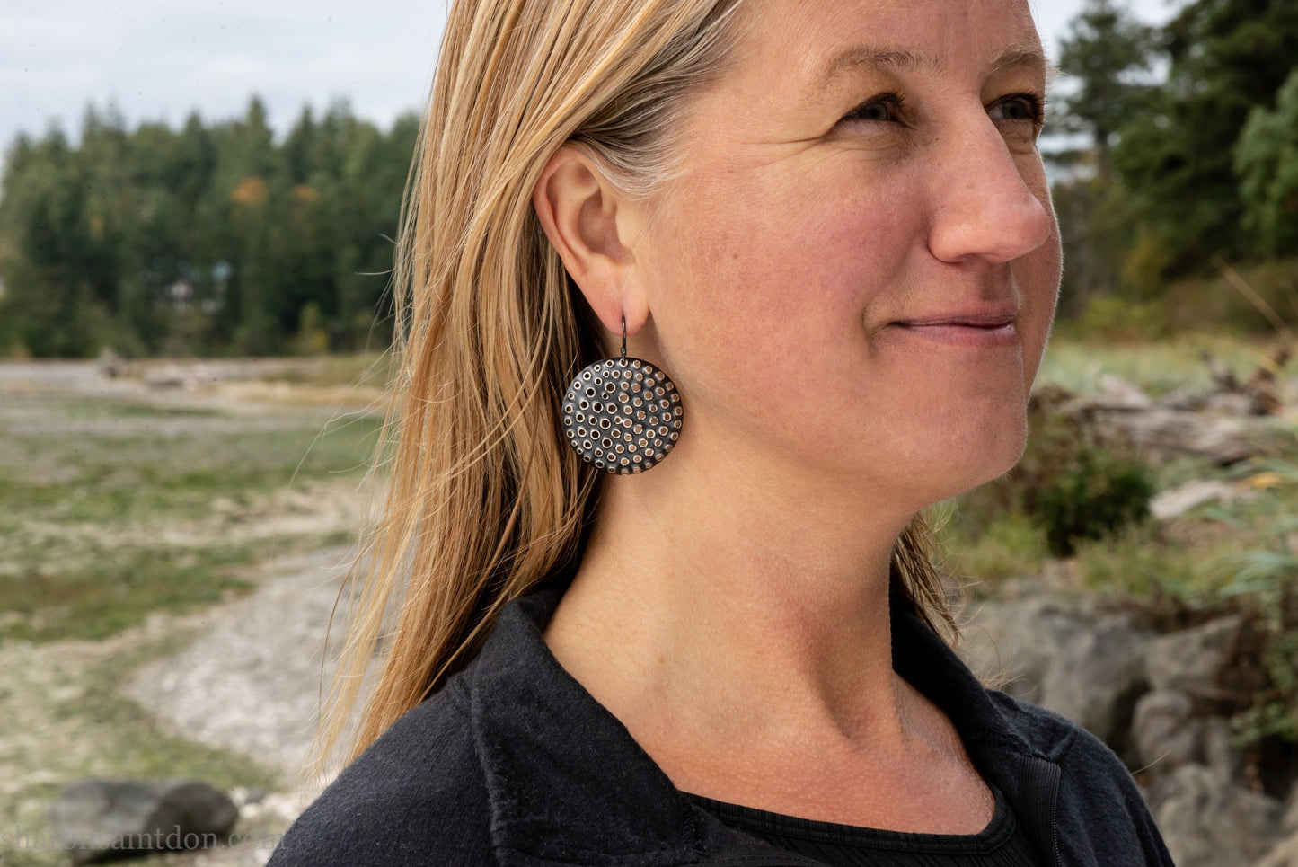 925 sterling silver handmade earrings for women. Comfortable, light, round disc, dangle earrings w/ mesh dots and ear wire hooks.