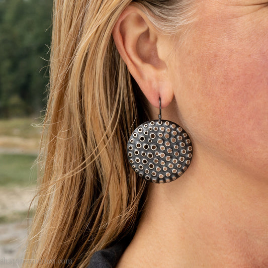 925 sterling silver handmade earrings for women. Comfortable, light, round disc, dangle earrings w/ mesh dots and ear wire hooks.
