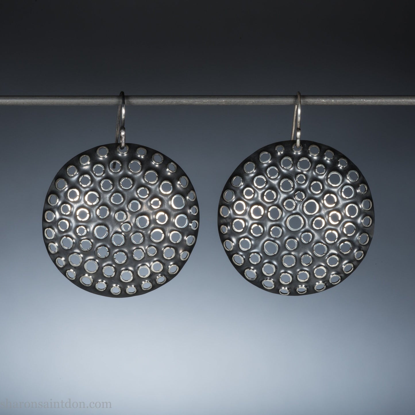 925 sterling silver handmade earrings for women. Comfortable, light, round disc, dangle earrings w/ mesh dots and ear wire hooks.