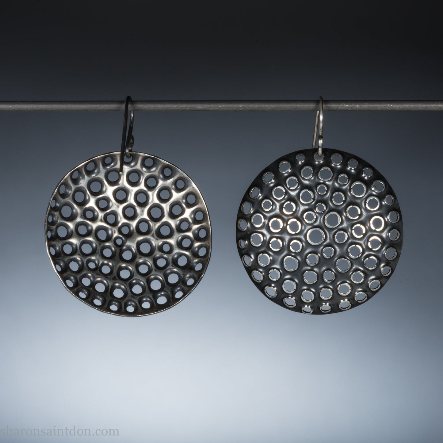 925 sterling silver handmade earrings for women. Comfortable, light, round disc, dangle earrings w/ mesh dots and ear wire hooks.