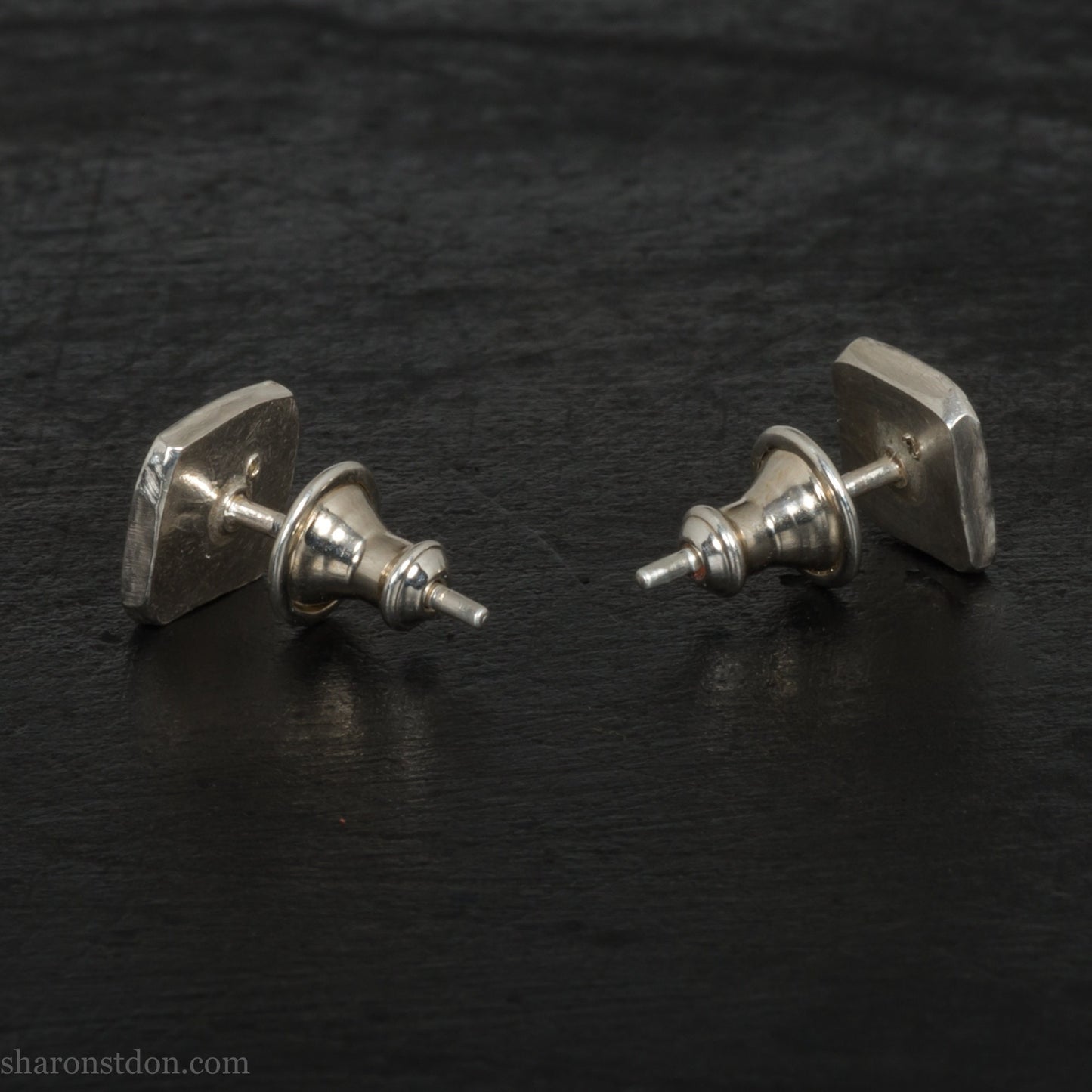 925 sterling silver stud earrings with golden yellow topaz gemstone set in the corner. Small hammered square 7x 7mm and 1.5mm thick, solid sterling silver posts and backs. Handmade by Sharon SaintDon in North America.