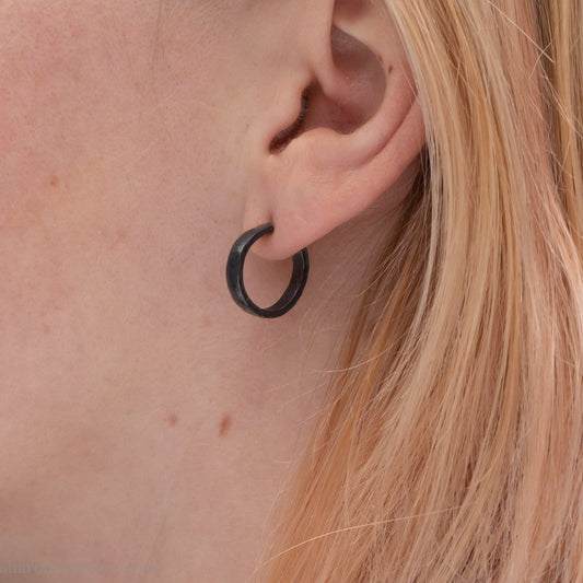 16 x 3mm small sterling silver hoop earrings | Oxidized black, solid hammered silver | Unique, high quality, handmade gift