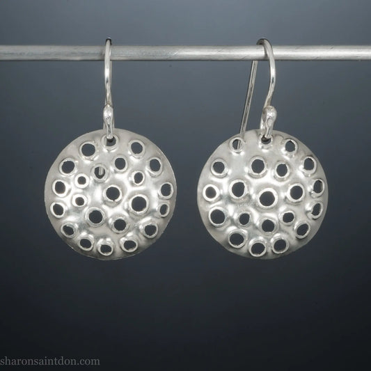 15mm solid 925 sterling silver round disc earrings, hand-punched pattern, matte satin finish, french hooks.