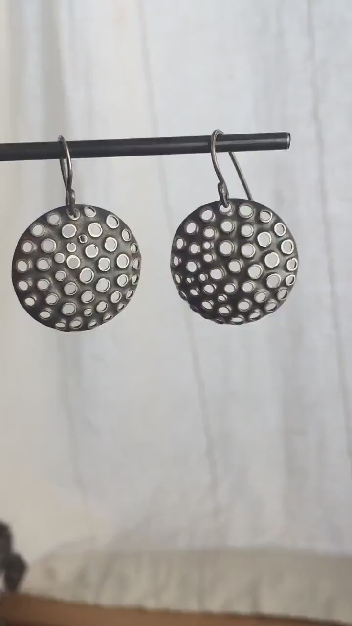 25mm silver disc dangle earrings, antiqued