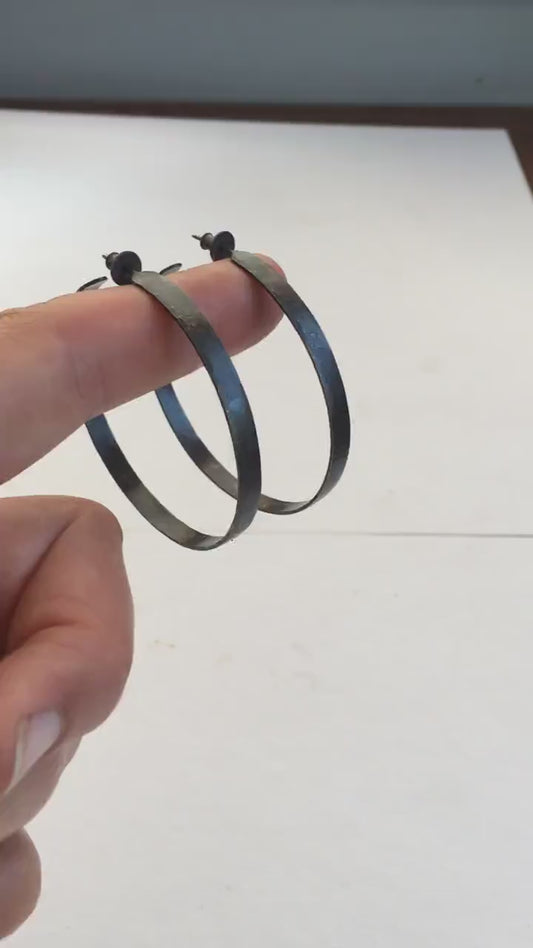 55mm x 5mm large, black silver hoop earrings
