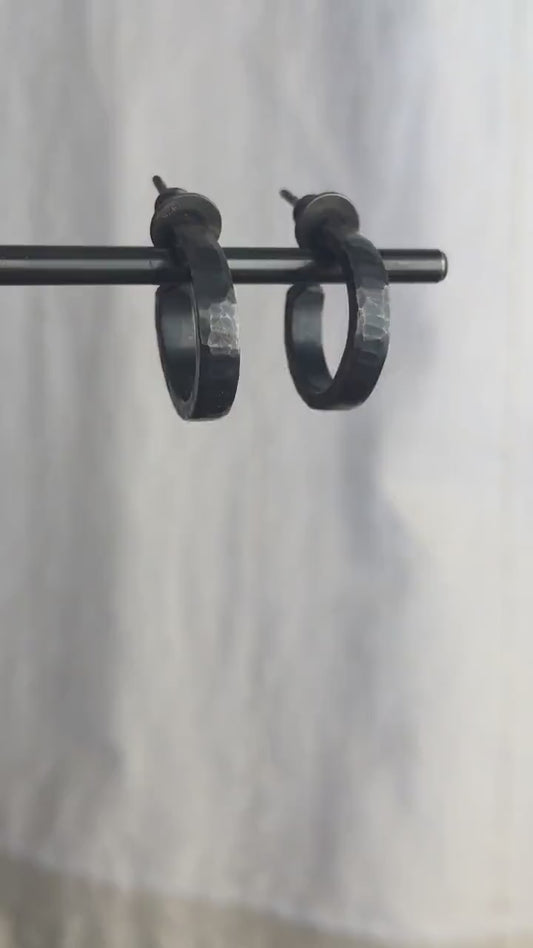 16mm x 3mm black silver hoop earrings