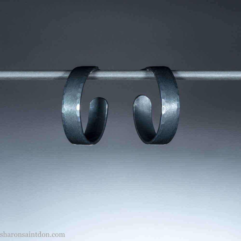 18mm x 4mm oxidized black 925 sterling silver hoop earrings, handmade in North America by Sharon SaintDon for men or women.