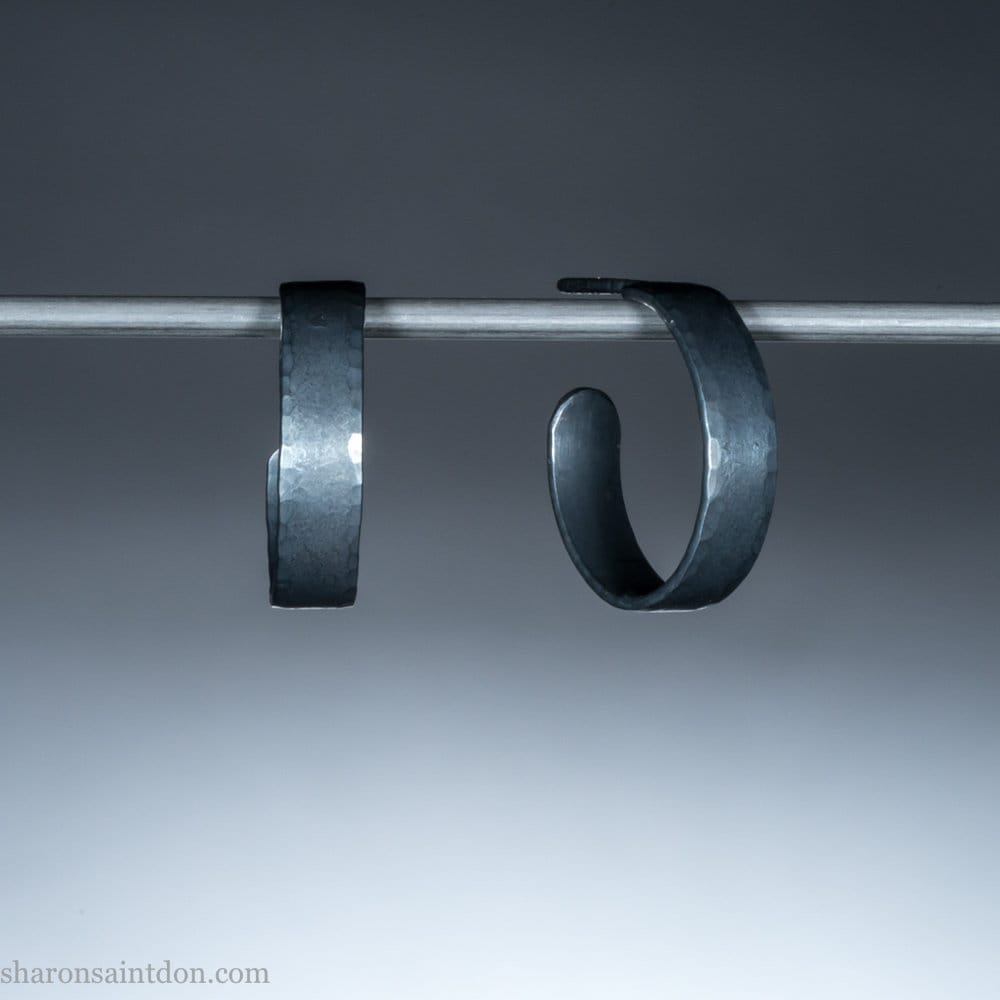 18mm x 4mm oxidized black 925 sterling silver hoop earrings, handmade in North America by Sharon SaintDon for men or women.