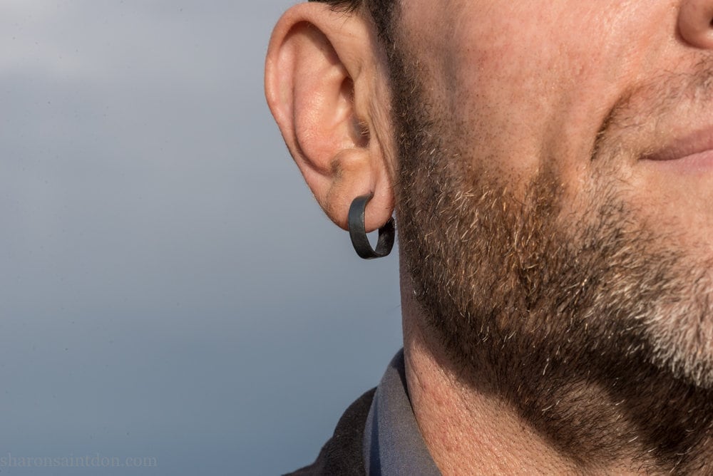18mm x 4mm oxidized black 925 sterling silver hoop earrings, handmade in North America by Sharon SaintDon for men or women.