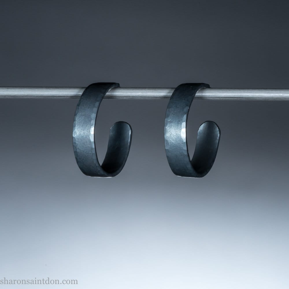 18mm x 4mm oxidized black 925 sterling silver hoop earrings, handmade in North America by Sharon SaintDon for men or women.