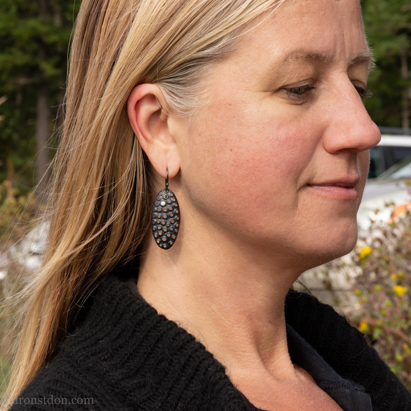 38mm oval black silver dangle earrings with cubic zirconia