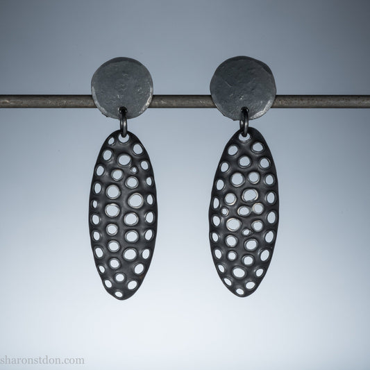 Oxidized Sterling Silver Earrings – Small Oval Mesh Holes, Matte Black Design