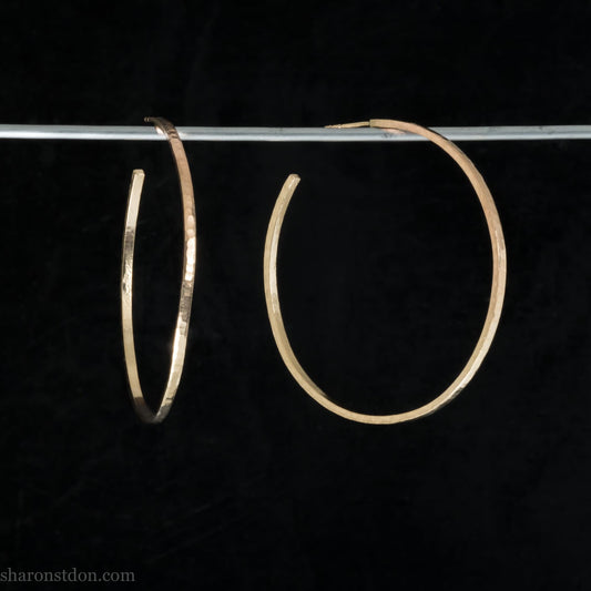 18k yellow gold hoop earrings 50mm diameter, 2mm wide, 1.5mm thick. High quality, handmade with hammered texture.