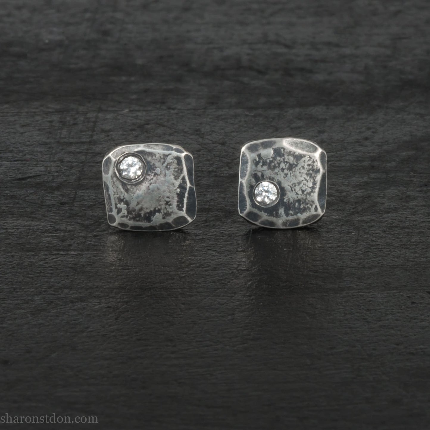 Handmade 925 sterling silver stud earrings with cubic zirconia gemstones. Daily wear small square stud earrings made by Sharon SaintDon in North America.