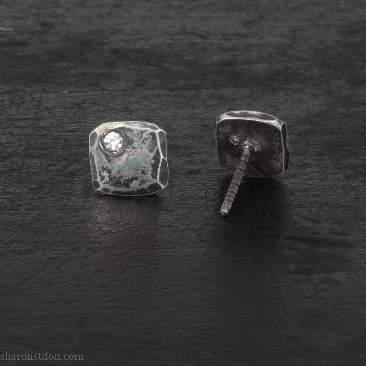 Handmade 925 sterling silver stud earrings with cubic zirconia gemstones. Daily wear small square stud earrings made by Sharon SaintDon in North America.