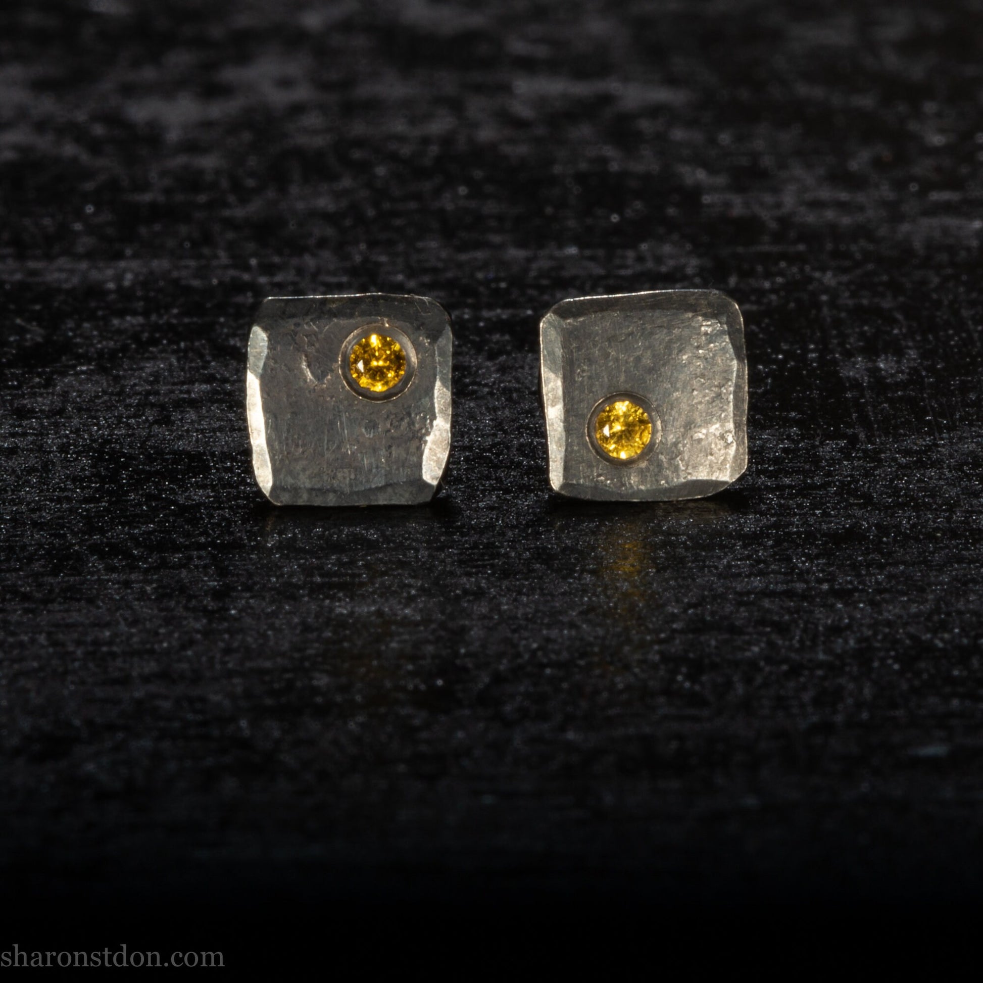 Canary yellow diamond gemstone stud earrings | 925 sterling silver small square stud earrings for men or women | Unique handmade gift
