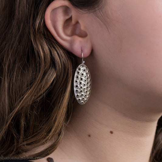 Sterling Silver Earrings - Handmade 38mm Round Disc Dangle With Mesh Holes