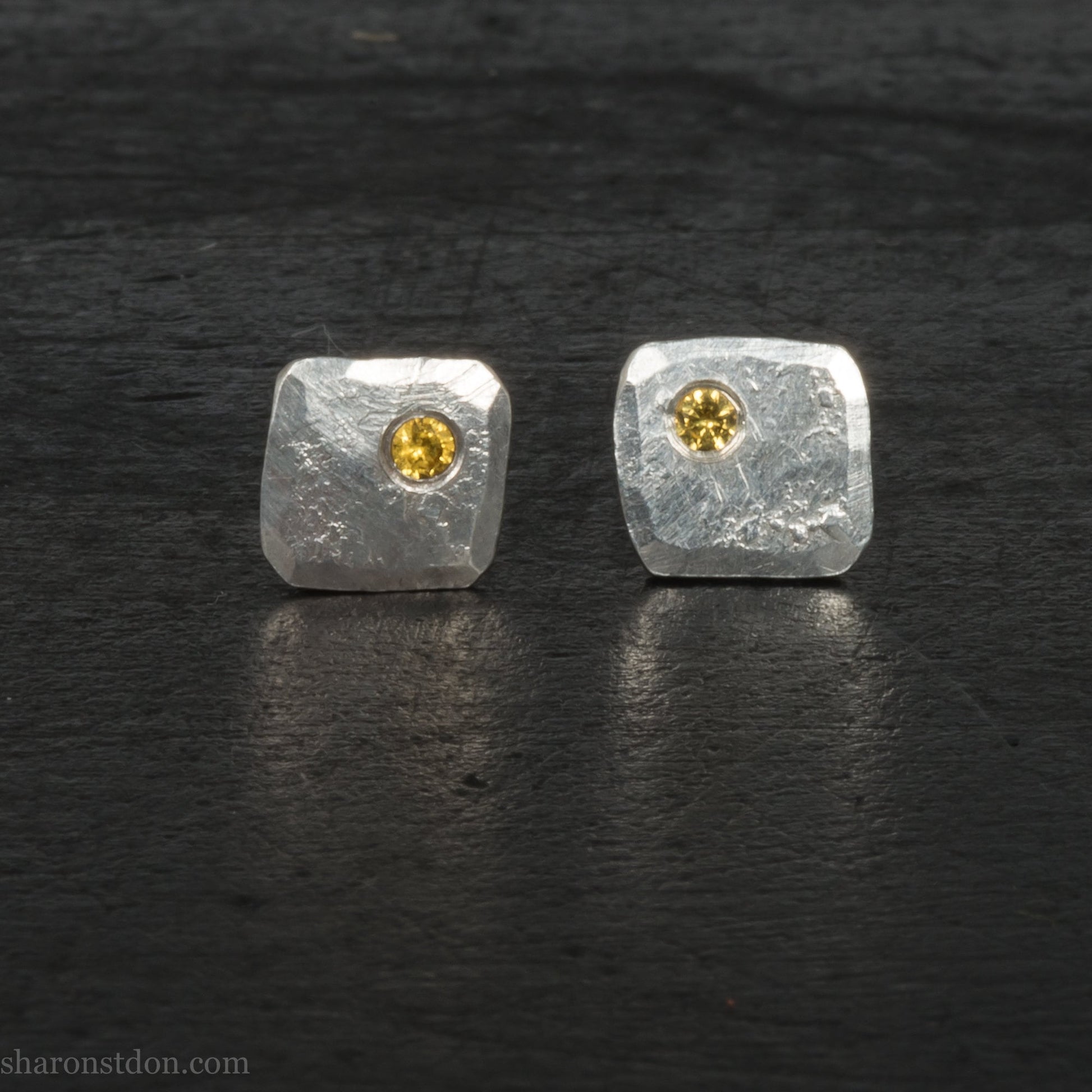 Handmade 925 sterling silver stud earrings with golden yellow topaz gemstones. Small square stud earrings made by Sharon SaintDon in North America.