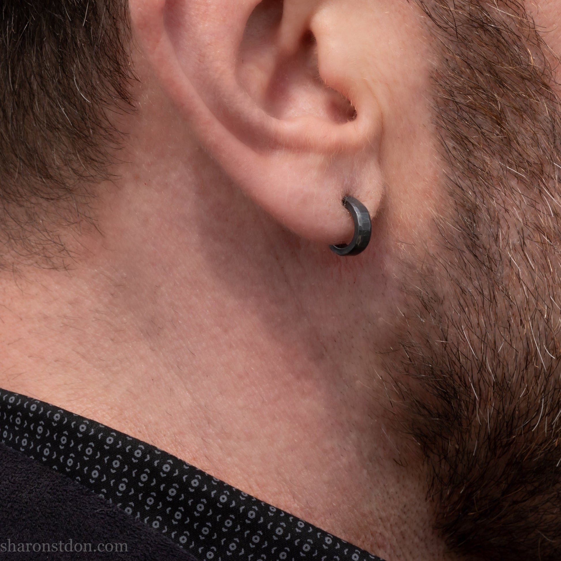 Men's small black oxidized sterling silver hoop earrings 12mm - handmade hammered texture hoops for men.