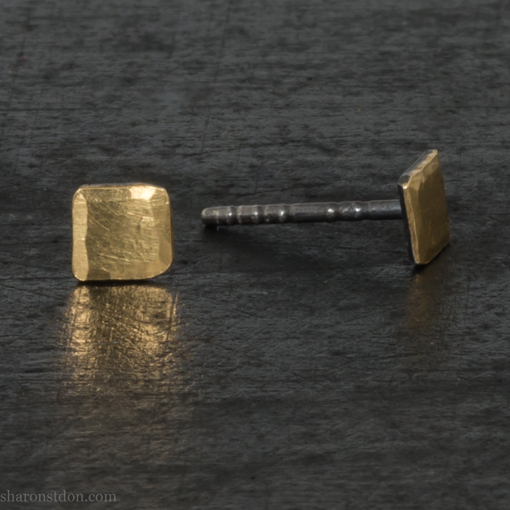 Handmade 22k gold and oxidized sterling silver stud earrings. 7mm square with hammered, matte texture finish. Handmade by Sharon Saint Don in USA.
