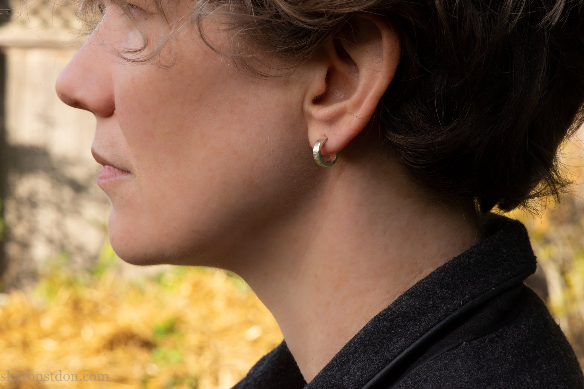 A close-up profile view of a woman's face, focusing on her earrings and the background.