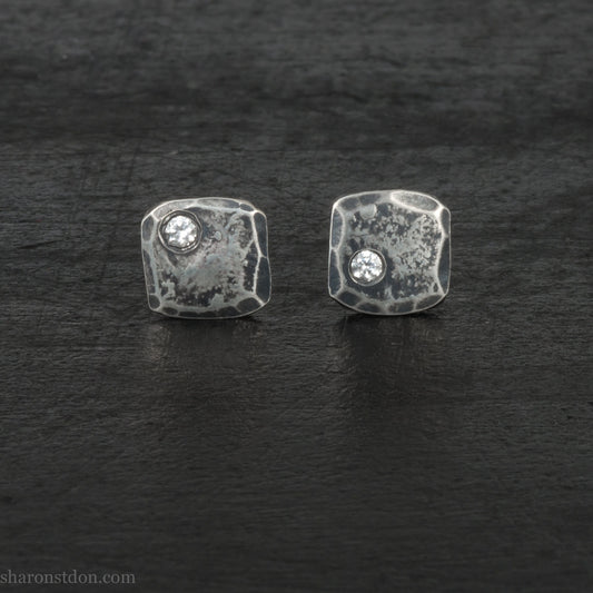Handmade square 925 sterling silver stud earrings with Canadamark Canadian diamonds, antiqued finish
