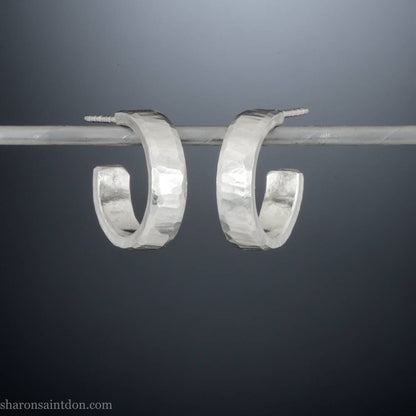 16 x 4mm x 1.5mm thick, 925 sterling silver hoop earrings handcrafted from solid, hand hammered real silver with a matte, brushed, shiny finish.