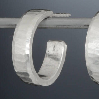 16 x 4mm x 1.5mm thick, 925 sterling silver hoop earrings handcrafted from solid, hand hammered real silver with a matte, brushed, shiny finish.