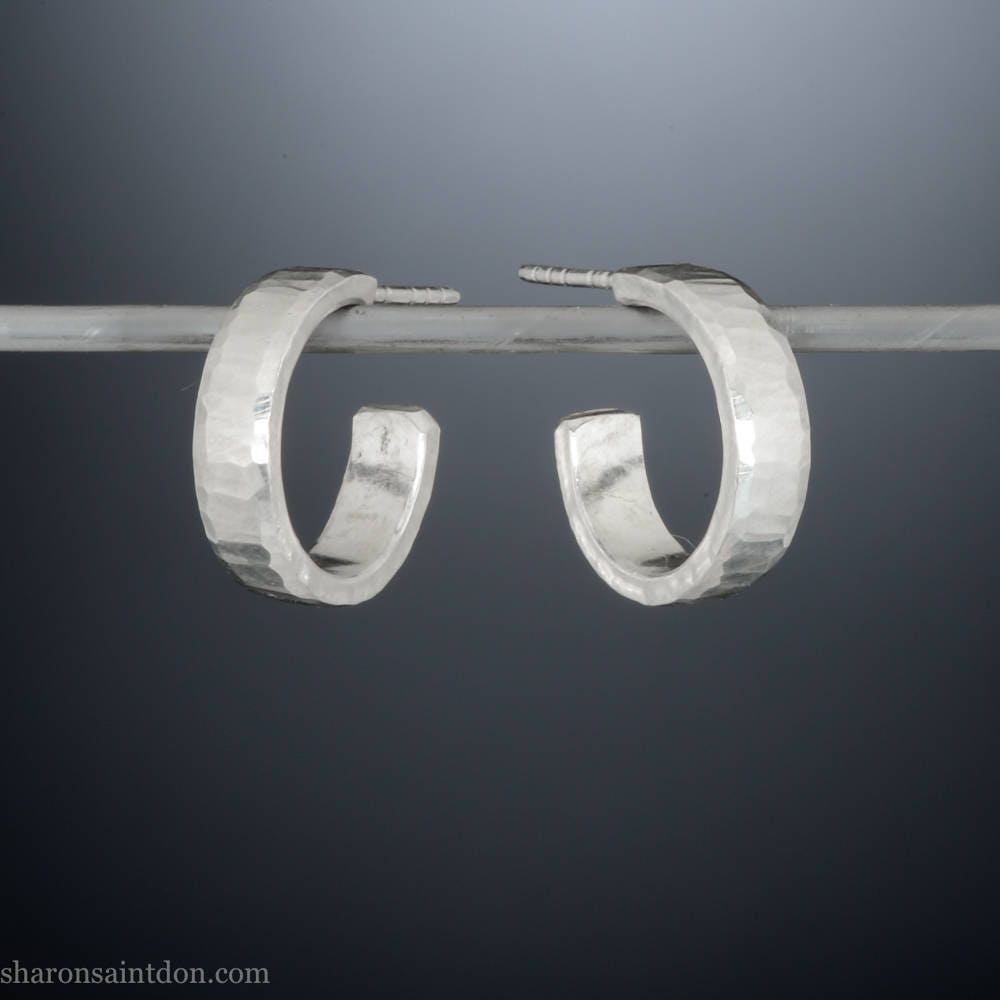 16 x 4mm x 1.5mm thick, 925 sterling silver hoop earrings handcrafted from solid, hand hammered real silver with a matte, brushed, shiny finish.