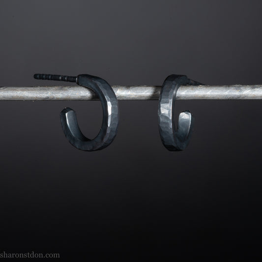 12mm black sterling silver hoop earrings for men, oxidized matte finish