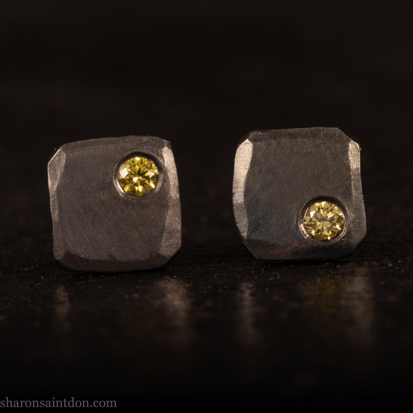 Canary Yellow Diamond Earrings – Handmade Sterling Silver Square Studs Matte Black