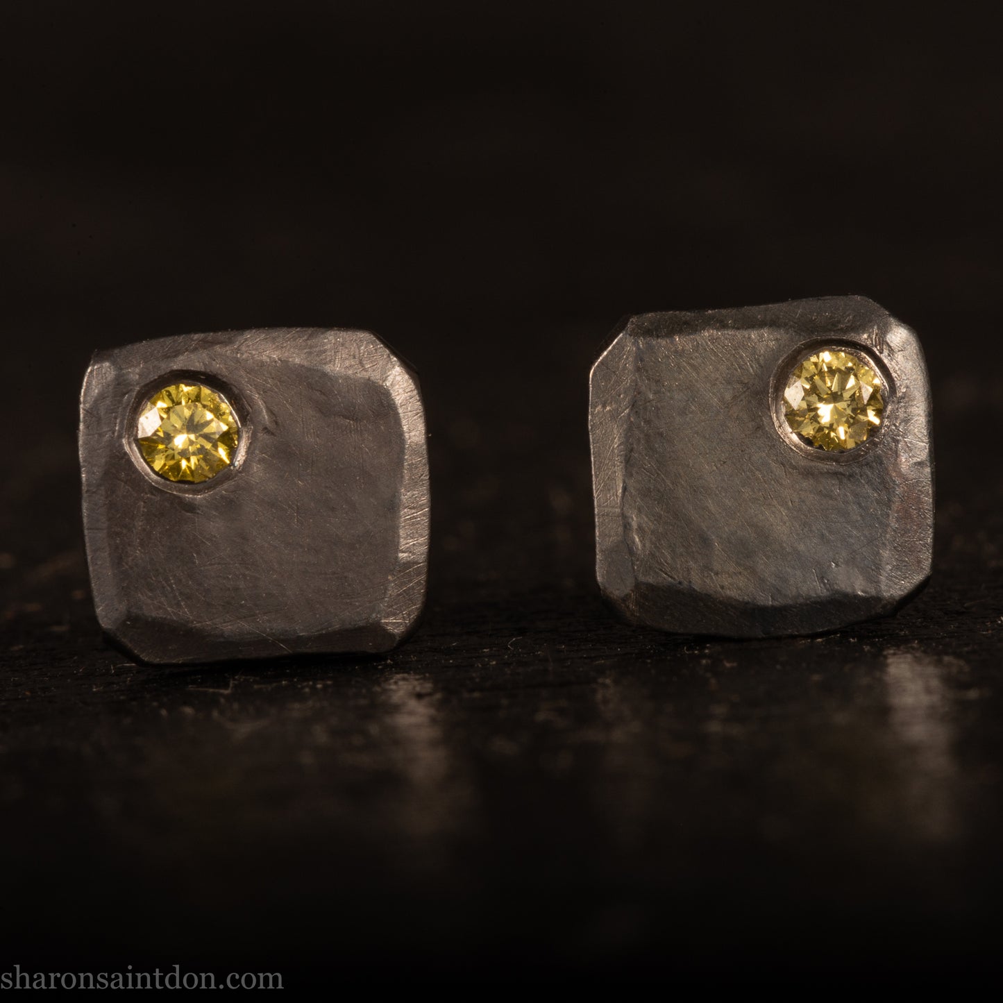 Canary Yellow Diamond Earrings – Handmade Sterling Silver Square Studs Matte Black