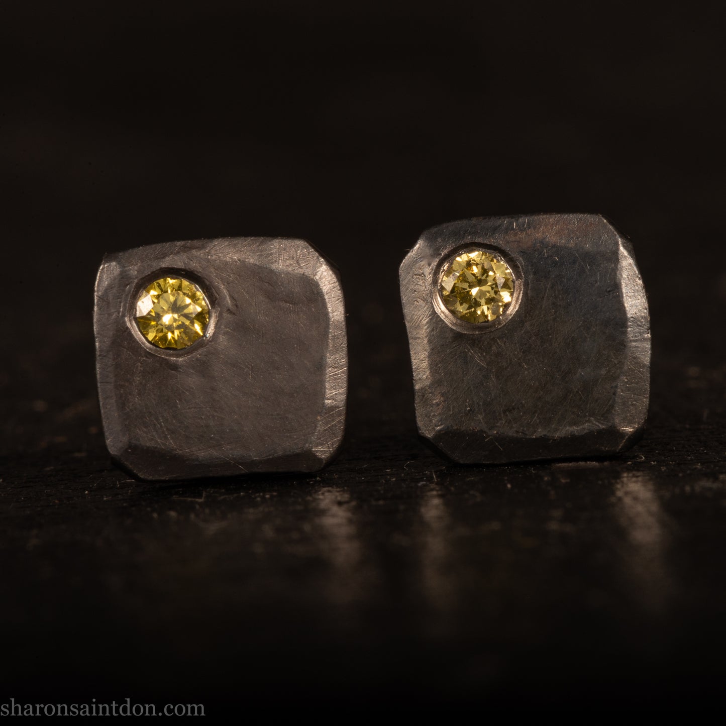 Canary Yellow Diamond Earrings – Handmade Sterling Silver Square Studs Matte Black
