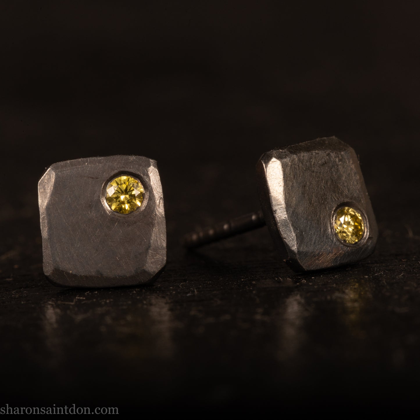 Canary Yellow Diamond Earrings – Handmade Sterling Silver Square Studs Matte Black