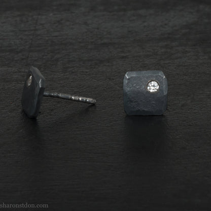 Hammered solid silver and gemstone stud earrings with a 2mm cubic zirconia set in the corner. 7 x 7mm square x 1.5mm thick silver with an oxidized black finish. Solid silver posts and backs. Handmade by Sharon SaintDon in North America.