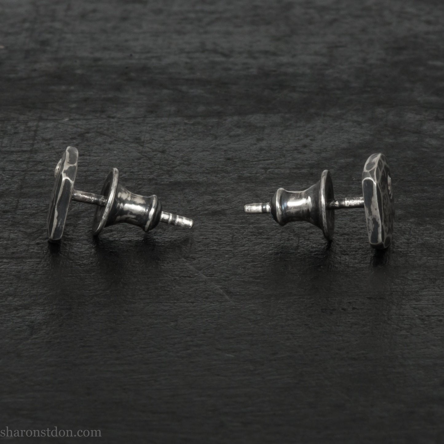 7mm square, handmade 925 sterling silver stud earrings with Canadamark brand Canadian diamond in the corner. Dark, antique finish, Handmade by Sharon SaintDon in North America.