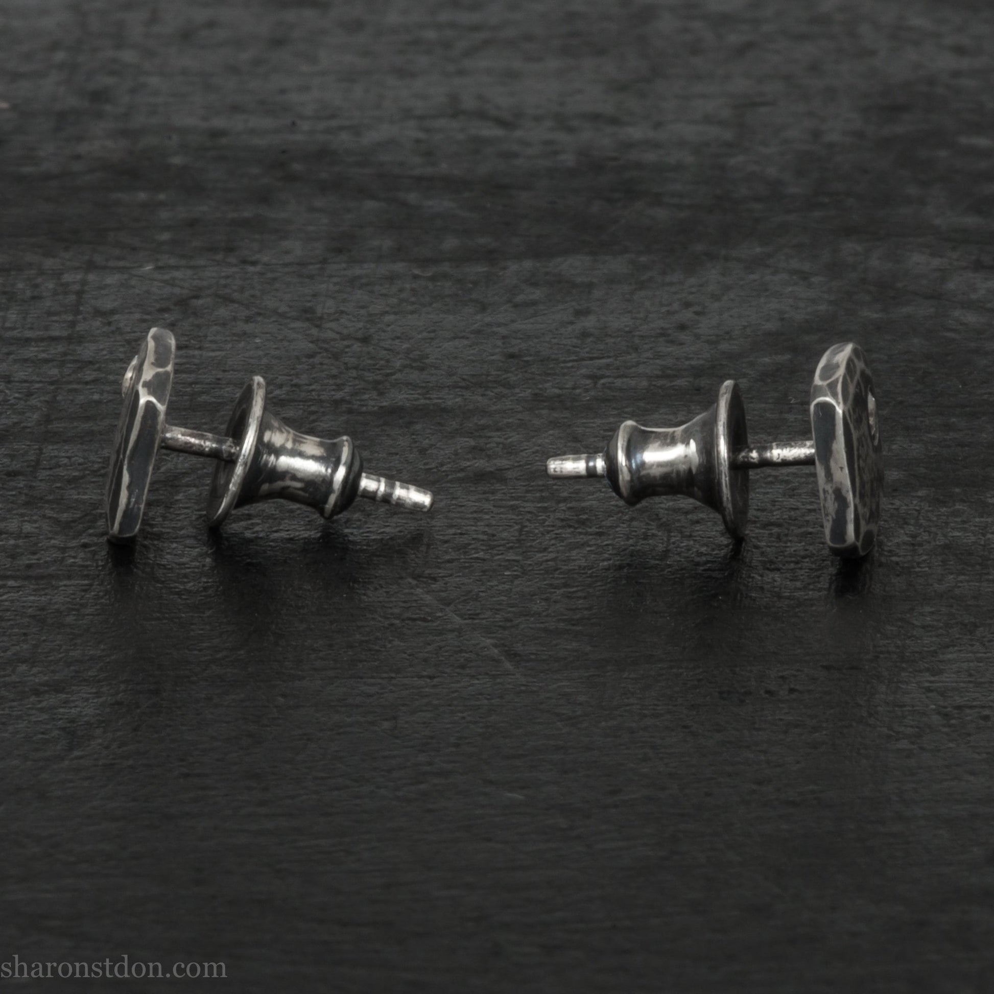 7mm square, handmade 925 sterling silver stud earrings with Canadamark brand Canadian diamond in the corner. Dark, antique finish, Handmade by Sharon SaintDon in North America.