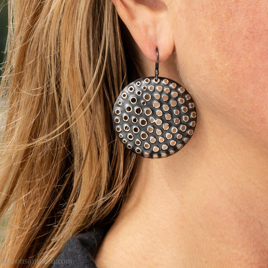 925 sterling silver handmade earrings for women. Comfortable, light, round disc, dangle earrings w/ mesh dots and ear wire hooks.