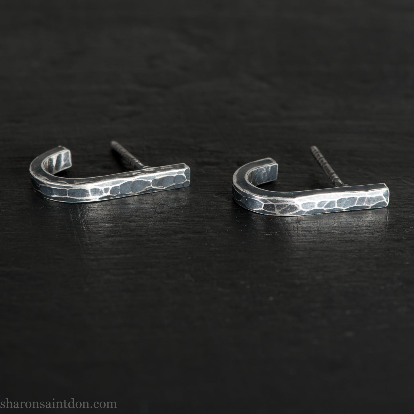 Men's 925 Sterling Silver J-Curve Earrings, Hand-Hammered, Antique Dark Patina