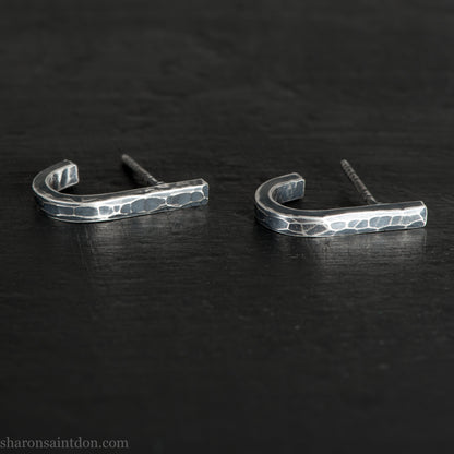 Men's 925 Sterling Silver J-Curve Earrings, Hand-Hammered, Antique Dark Patina