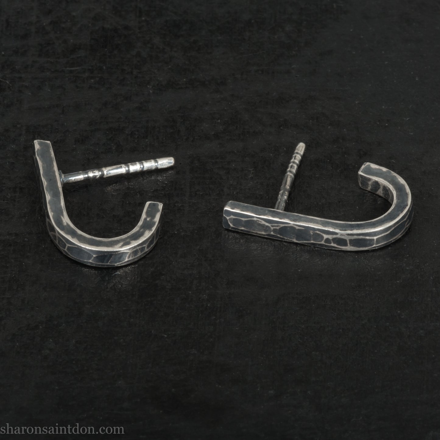 Men's 925 Sterling Silver J-Curve Earrings, Hand-Hammered, Antique Dark Patina