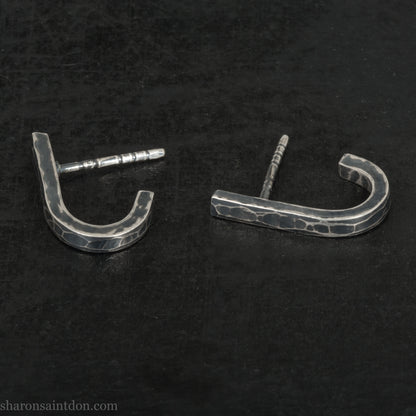 Men's 925 Sterling Silver J-Curve Earrings, Hand-Hammered, Antique Dark Patina